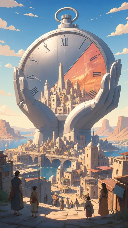 A city built in the still space between the hands of a giant stopped clock, shown through ordinary life continuing around the impossible landmark. Extreme wide view organized aroun