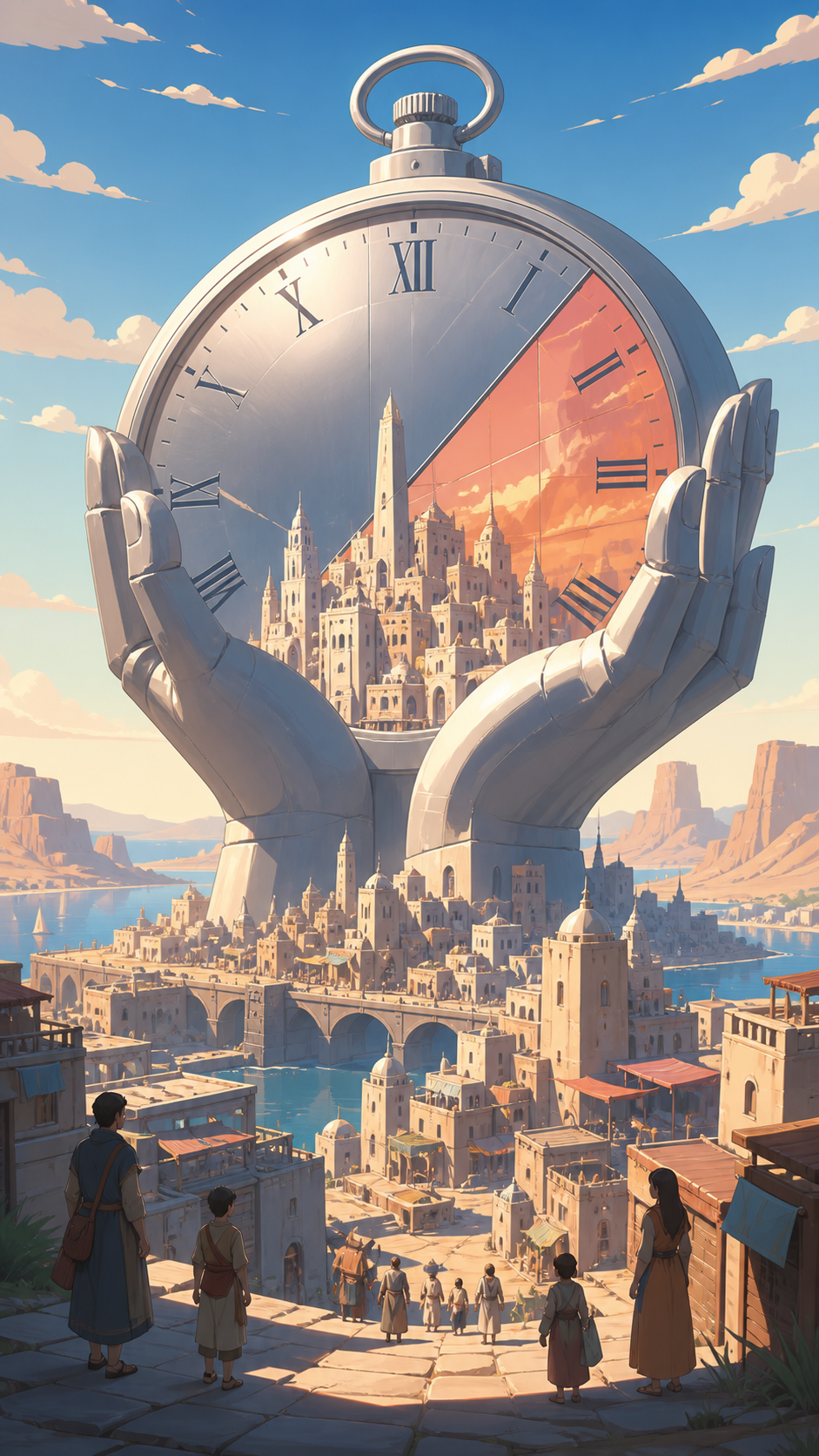 A city built in the still space between the hands of a giant stopped clock, shown through ordinary life continuing around the impossible landmark. Extreme wide view organized around one unforgettable silhouette. Sun-blea