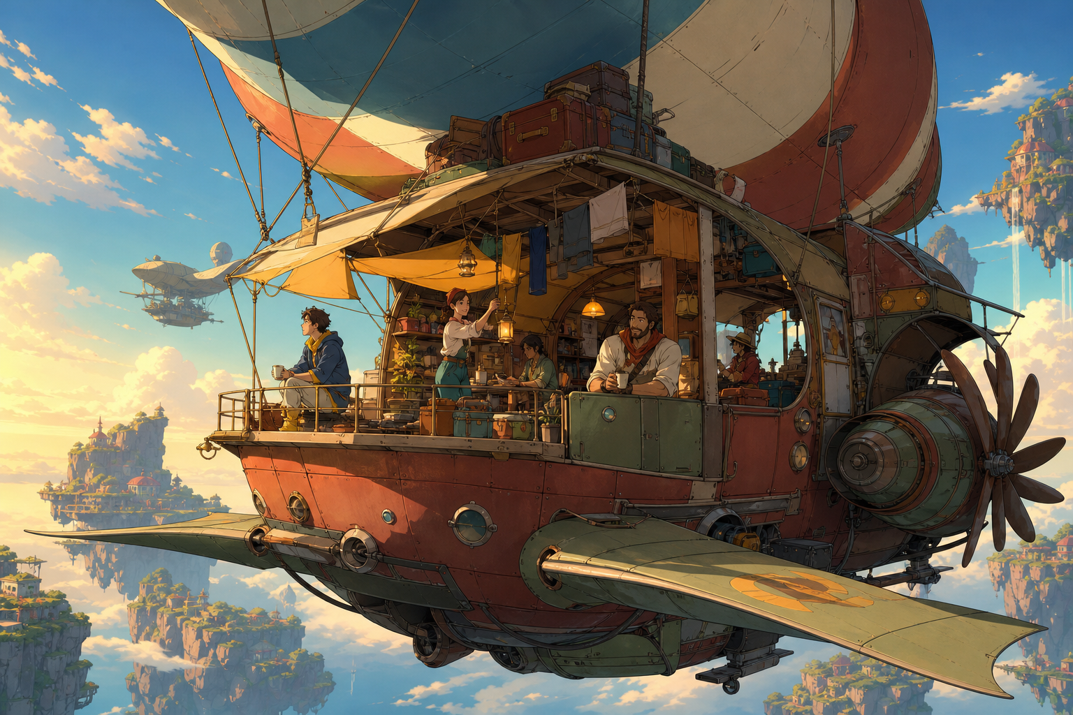 A weather-beaten airship ferry serving remote floating islands, mid-journey with passengers revealing how the vehicle is actually lived in. Grand three-quarter vehicle view embedded naturally in its route. Clay red, sage