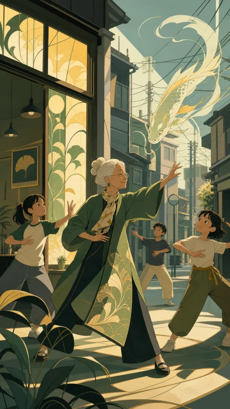 A stylish grandmother leading a neighborhood dance practice, during an ordinary weekday interrupted by one gentle supernatural event. Intimate corner view where one human interacti