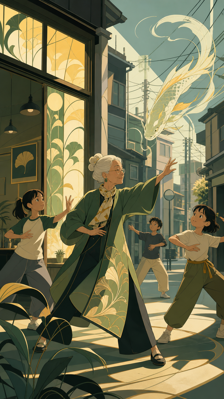 A stylish grandmother leading a neighborhood dance practice, during an ordinary weekday interrupted by one gentle supernatural event. Intimate corner view where one human interaction anchors the city. Moss green, slate g