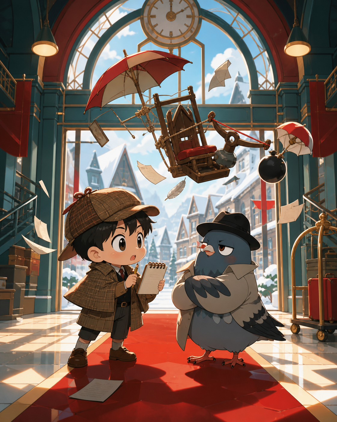A chibi detective interviewing an extremely suspicious pigeon, at the exact moment a clever plan becomes delightfully impractical. Centered ensemble pose interrupted by one moving object. Vermillion, charcoal, warm ivory
