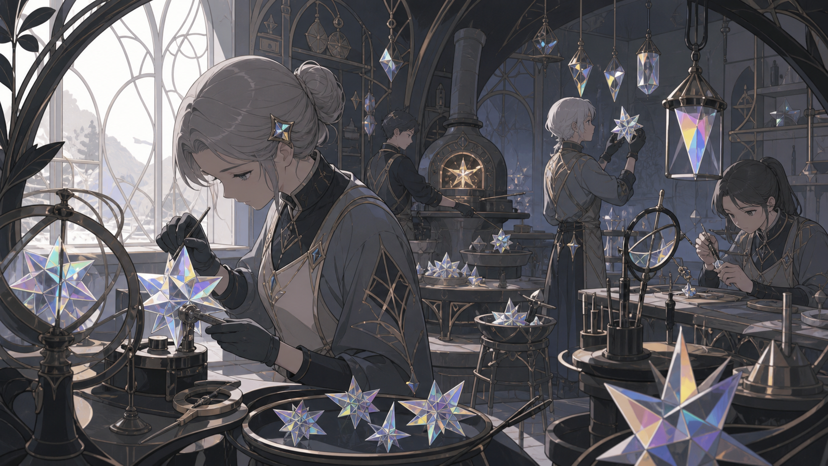 A tiny forge that crafts replacement stars for rural night skies, during a busy workday filled with several precise ongoing tasks. Close observational composition layered with tools in foreground and active work behind. 