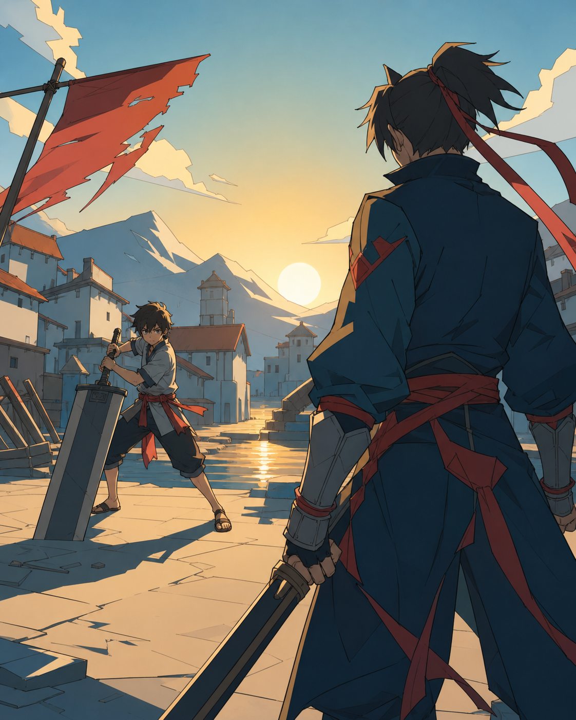 A small village defender using an oversized heirloom blade creatively, as an unexpected environmental change interrupts the duel. Over-the-shoulder confrontation with the opponent and setting clearly visible. Petrol blue