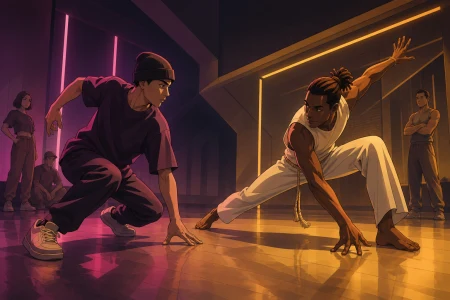 A street dancer and a capoeira fighter improvising a friendly duel, during a friendly contest where skill and personality both read clearly. Wide side-on frame showing both complet