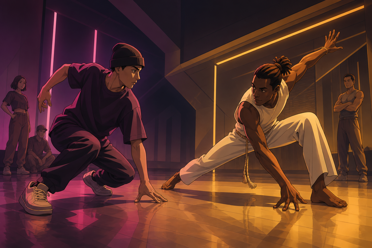 A street dancer and a capoeira fighter improvising a friendly duel, during a friendly contest where skill and personality both read clearly. Wide side-on frame showing both complete poses and the space between them. Mute