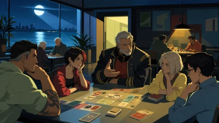 A retired starship captain teaching neighborhood adults an unfamiliar card game, shown through reactions and relationships rather than a view of the rules. Wide community-room scen