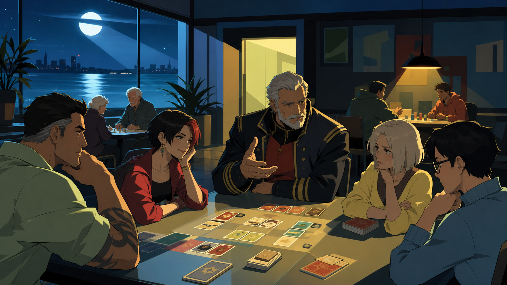 A retired starship captain teaching neighborhood adults an unfamiliar card game, shown through reactions and relationships rather than a view of the rules. Wide community-room scene with several games and one primary gro