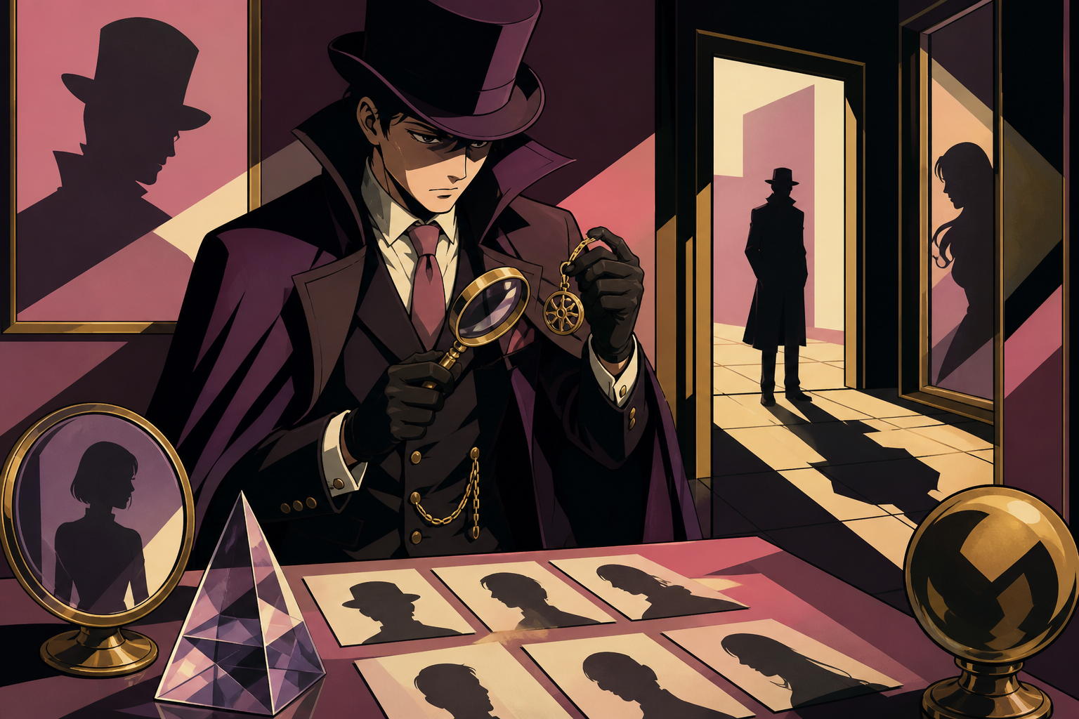 A forensic magician cataloging shadows that belong to missing people, at the turning point where one overlooked object solves half the mystery. Cinematic noir frame using doorways and reflected figures to layer the myste