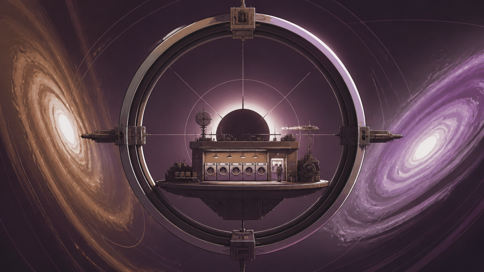 A quiet laundromat orbiting alone between two galaxies, at the calm center of a vast gravitational phenomenon. Graphic celestial composition organized around a bold circular form. Mulberry, tea brown, tarnished silver, a