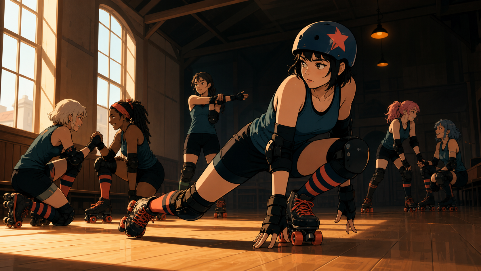 A girls' roller-derby team warming up in an old community hall, on a bright weekend afternoon with ample safe open space. Side-on sequence-like frame with one athlete as the clear focal point. Amber, walnut brown, rain b
