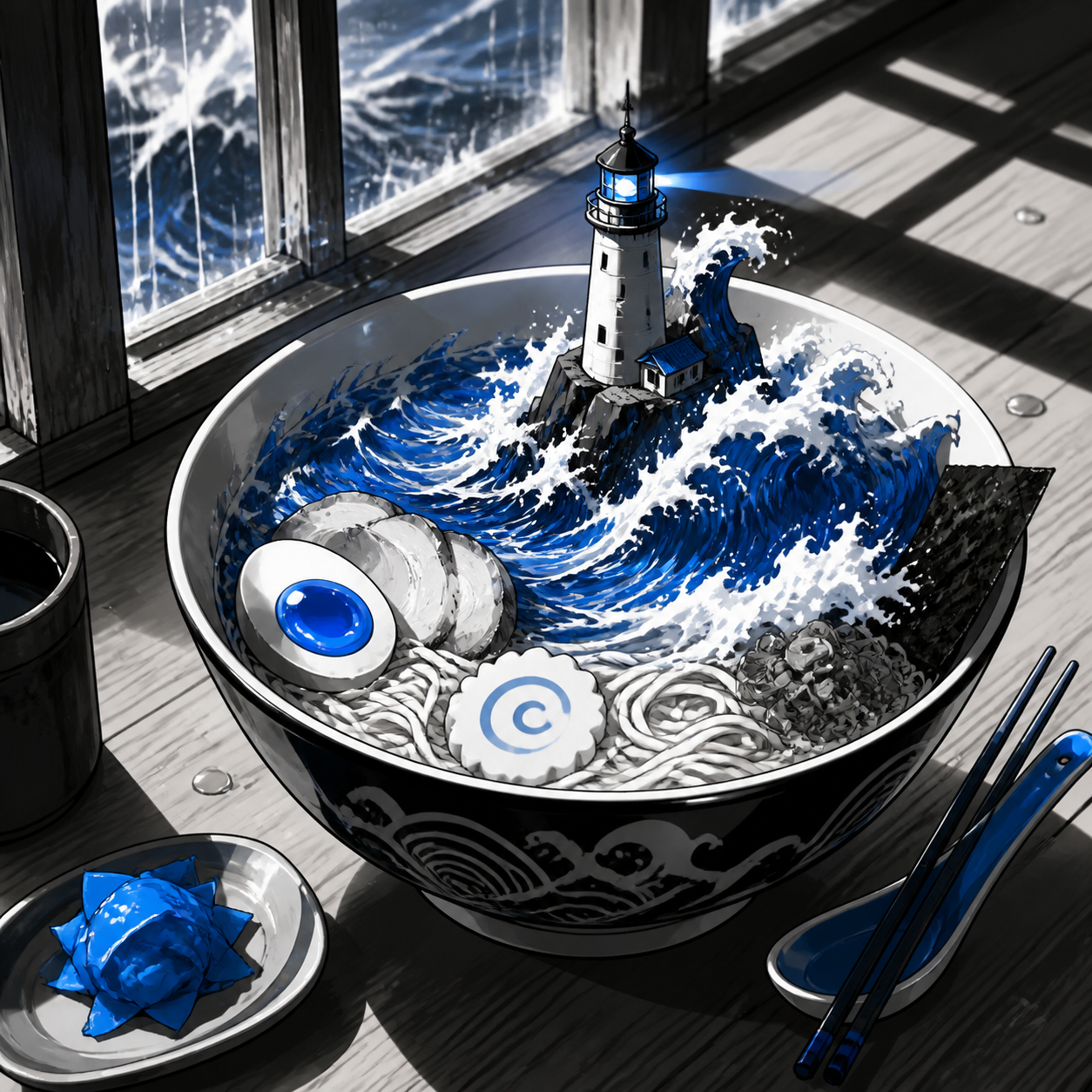 A midnight ramen bowl containing a tiny stormy ocean and lighthouse, arranged on a worn wooden counter beside a rain-streaked window. Intimate close-up with shallow depth and layered foreground details. Soft monochrome w