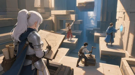 An armored cartographer mapping a dungeon that rearranges itself behind her, solving an environmental obstacle through teamwork rather than combat. Over-the-shoulder discovery fram