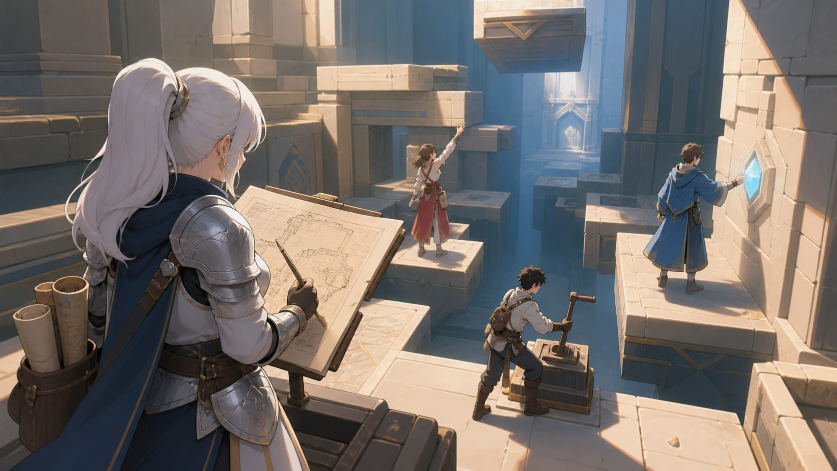 An armored cartographer mapping a dungeon that rearranges itself behind her, solving an environmental obstacle through teamwork rather than combat. Over-the-shoulder discovery frame revealing a large navigable space. Sun