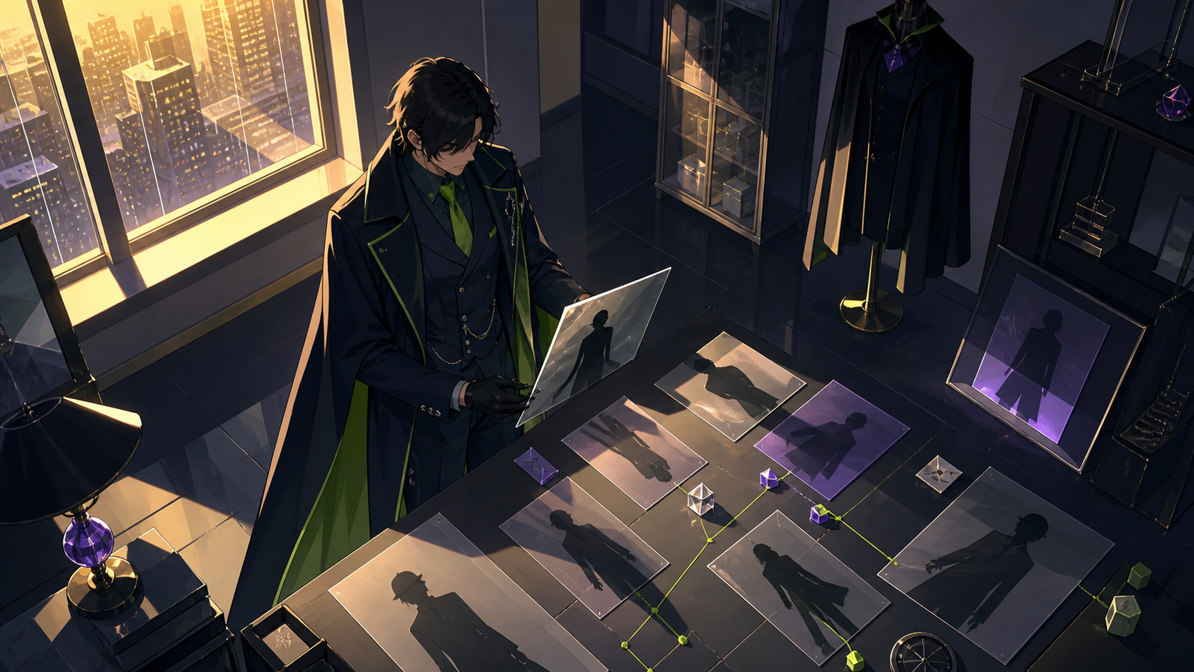 A forensic magician cataloging shadows that belong to missing people, during a rain-heavy night with no obvious culprit in sight. Graphic high-angle investigation tableau with clues forming a visual path. Acid lime, ultr