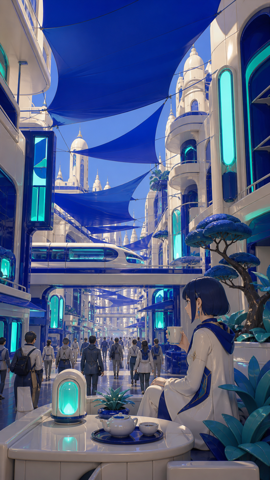 A solar-powered desert city shaded by kilometer-wide silk canopies, during a crowded morning commute seen from a quiet rooftop garden. Street-level cinematic view looking upward through layered architecture. Ultramarine,