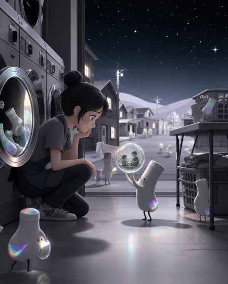 An all-night laundromat where misplaced socks return carrying forgotten memories, at closing time when one final request changes the mood of the room. Wide neighborhood view connec