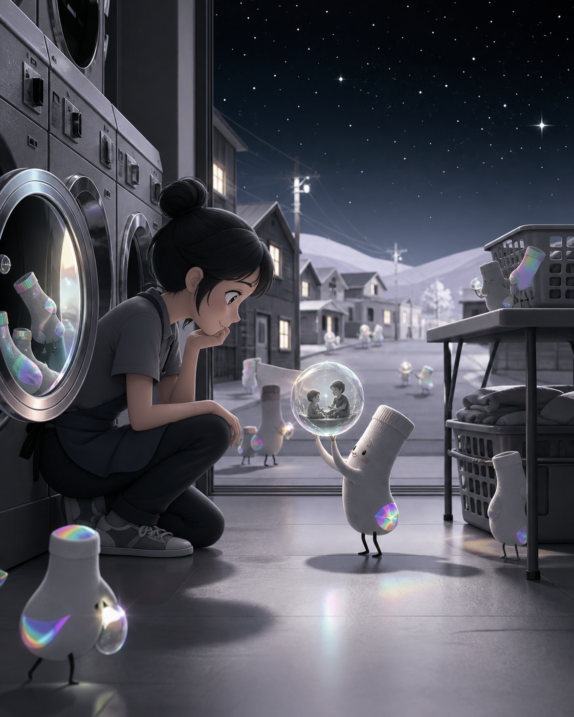 An all-night laundromat where misplaced socks return carrying forgotten memories, at closing time when one final request changes the mood of the room. Wide neighborhood view connecting the shop interior to activity outsi