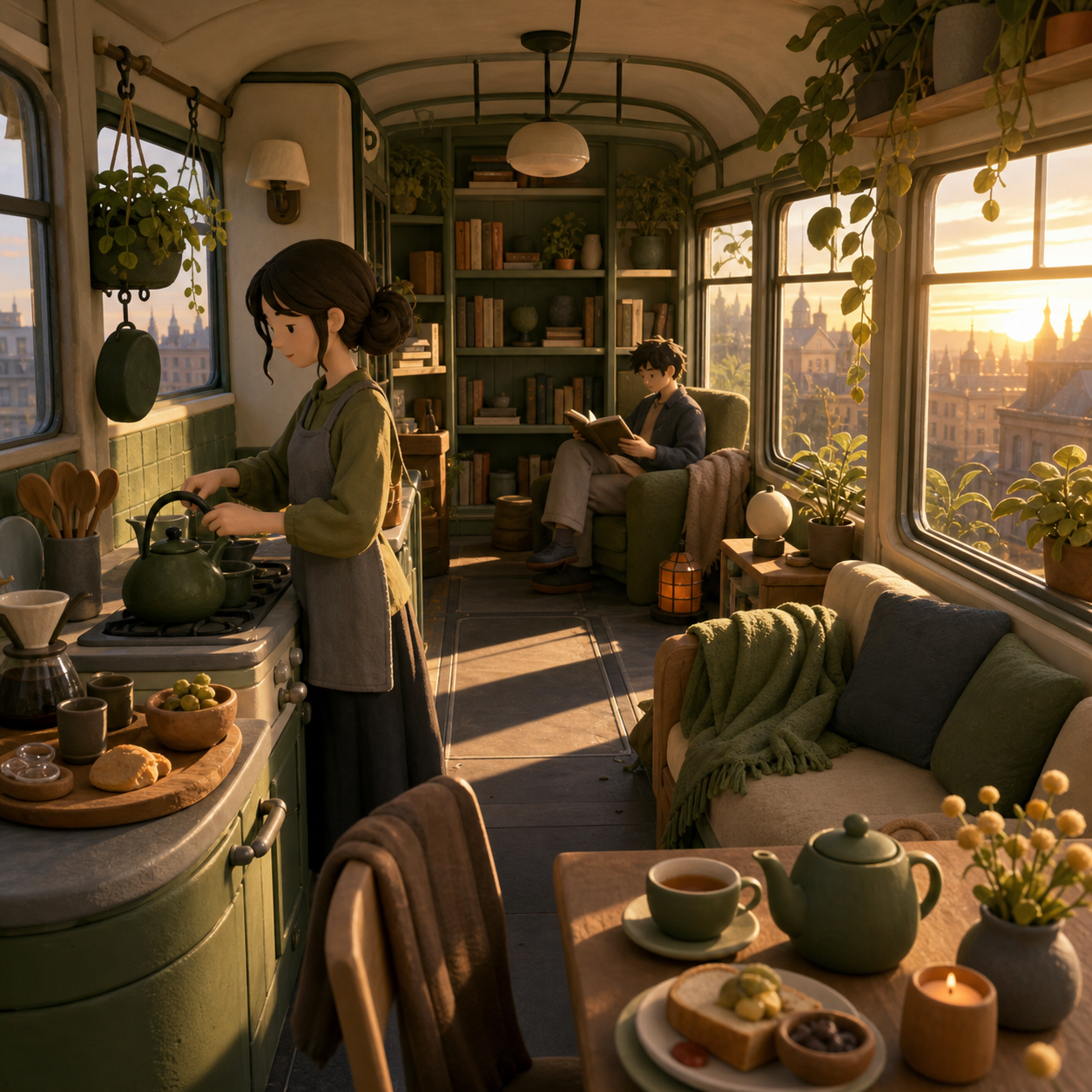 A greenhouse reading room built into an old city tram, at sunrise while breakfast and tea are being prepared. Inviting room-wide composition with several discoverable details. Moss green, slate gray, mushroom cream, and 