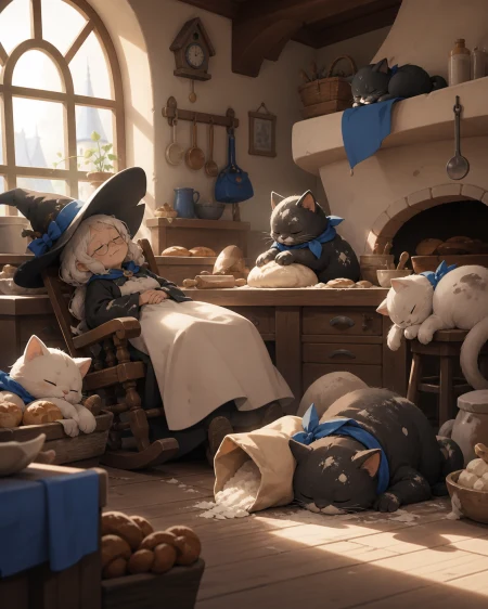 A tiny bakery shared by an elderly witch and several flour-covered familiars, during a quiet afternoon nap interrupted by one small mishap. Inviting room-wide composition with seve