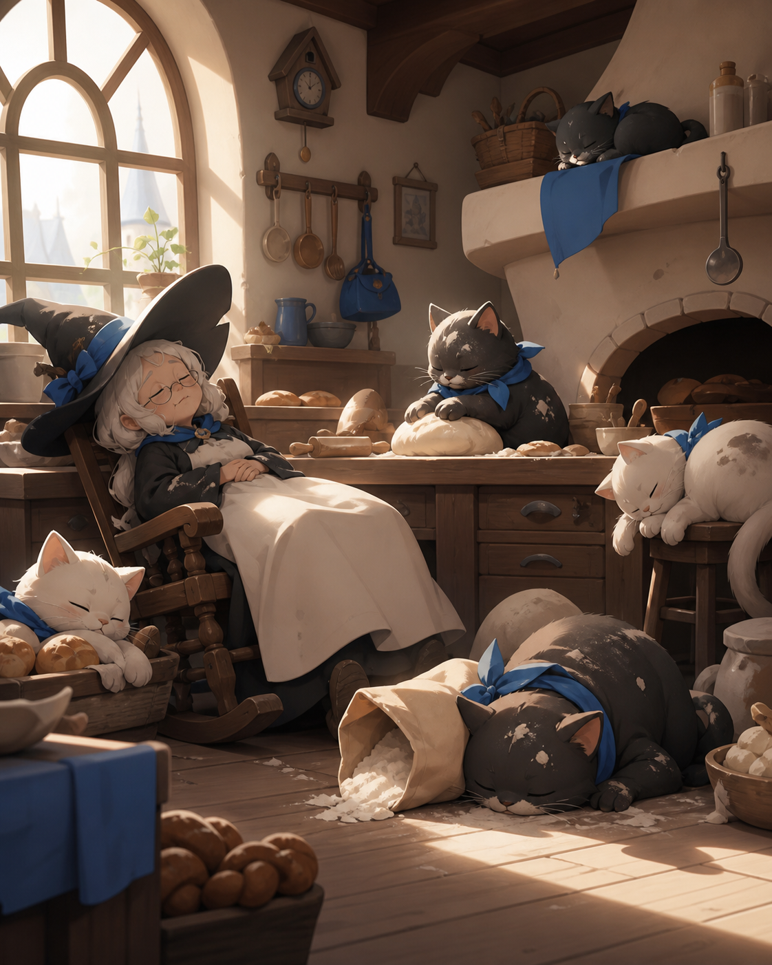 A tiny bakery shared by an elderly witch and several flour-covered familiars, during a quiet afternoon nap interrupted by one small mishap. Inviting room-wide composition with several discoverable details. Soft monochrom