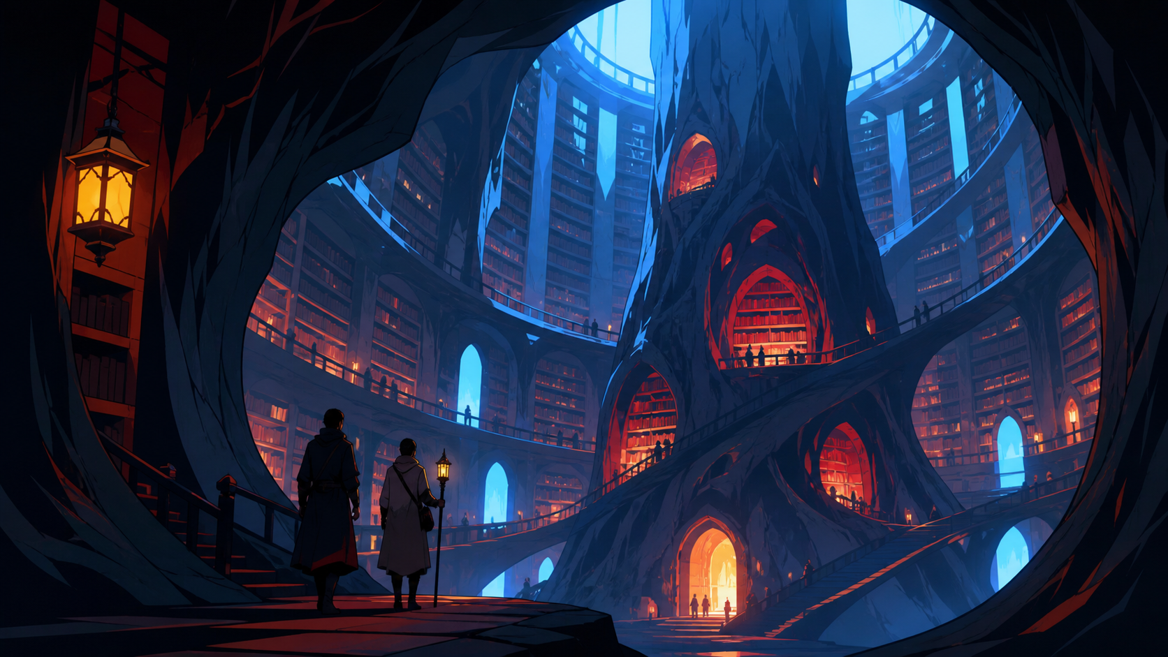 A vast library grown inside the hollow trunk of a world tree, with tiny travelers revealing the monumental scale. Wide landscape composition with dramatic foreground framing. Pine black, snow blue, cedar red, and lantern