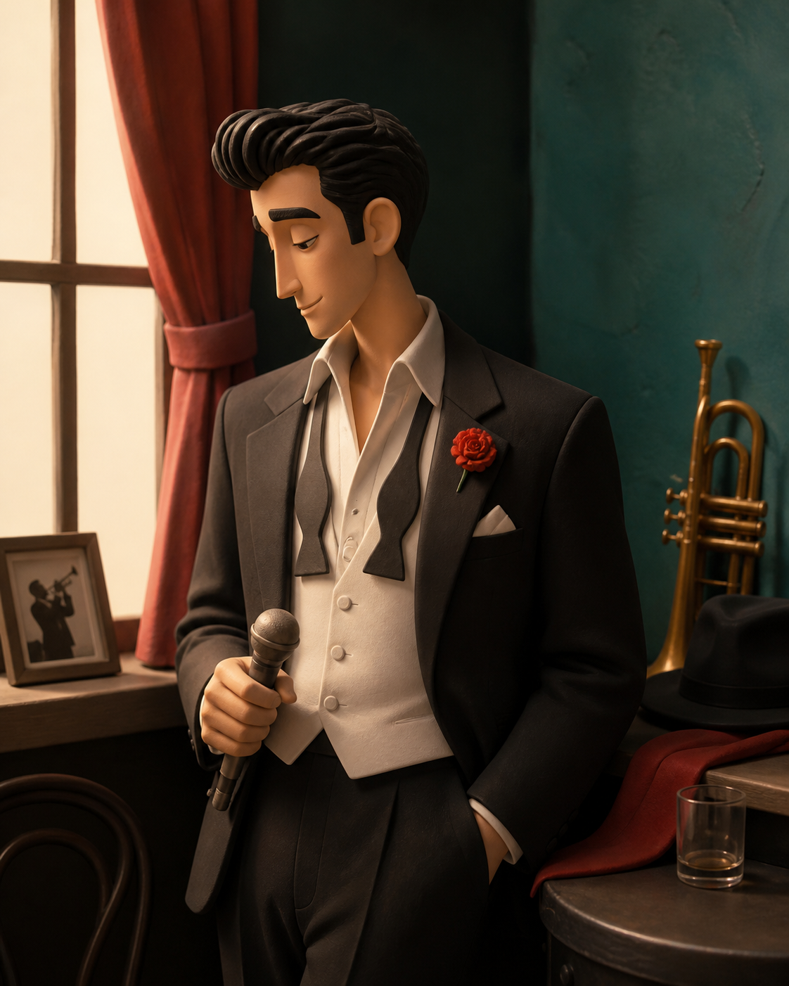 An adult male jazz singer in an immaculate suit after the final set, surrounded by a few objects that quietly reveal their history. Intimate waist-up portrait with unusual negative space and environmental context. Vermil