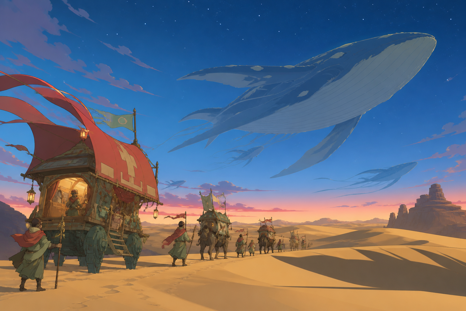A caravan following the migrating shadows of enormous sky whales, seen in the blue hour when heat gives way to starlight. Extreme wide landscape with a small but readable journey crossing it. Soft pistachio, butter yello