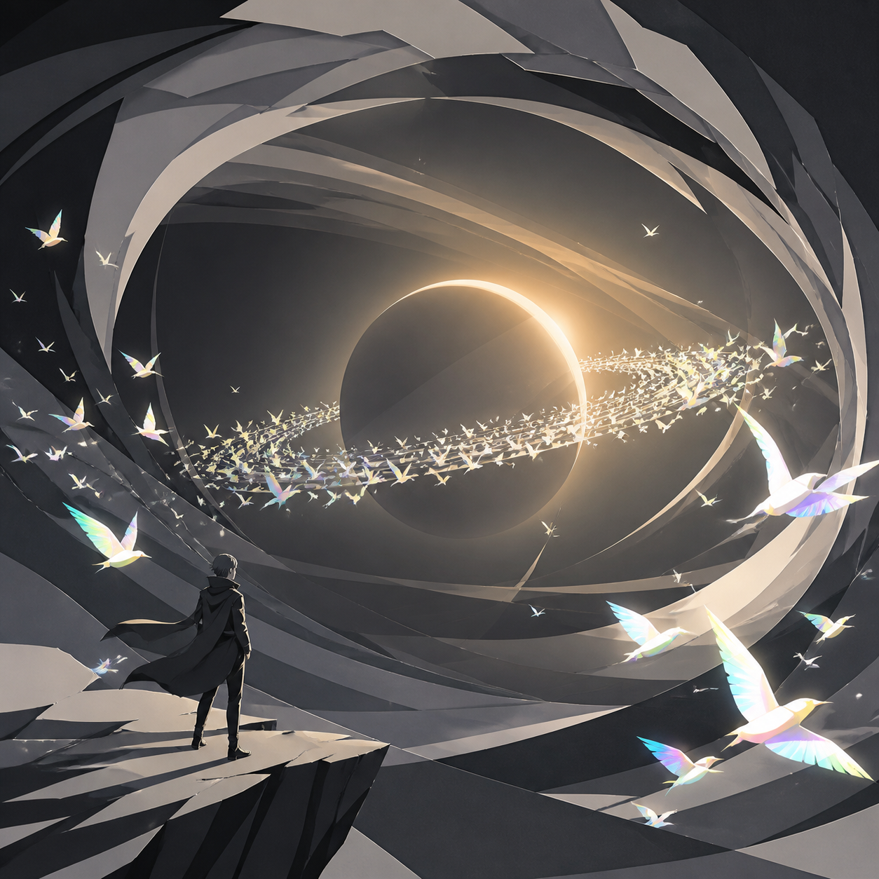 A ringed planet whose rings are made from migrating luminous birds, at the calm center of a vast gravitational phenomenon. Expansive widescreen composition with strong negative space. Monochrome graphite with selective h