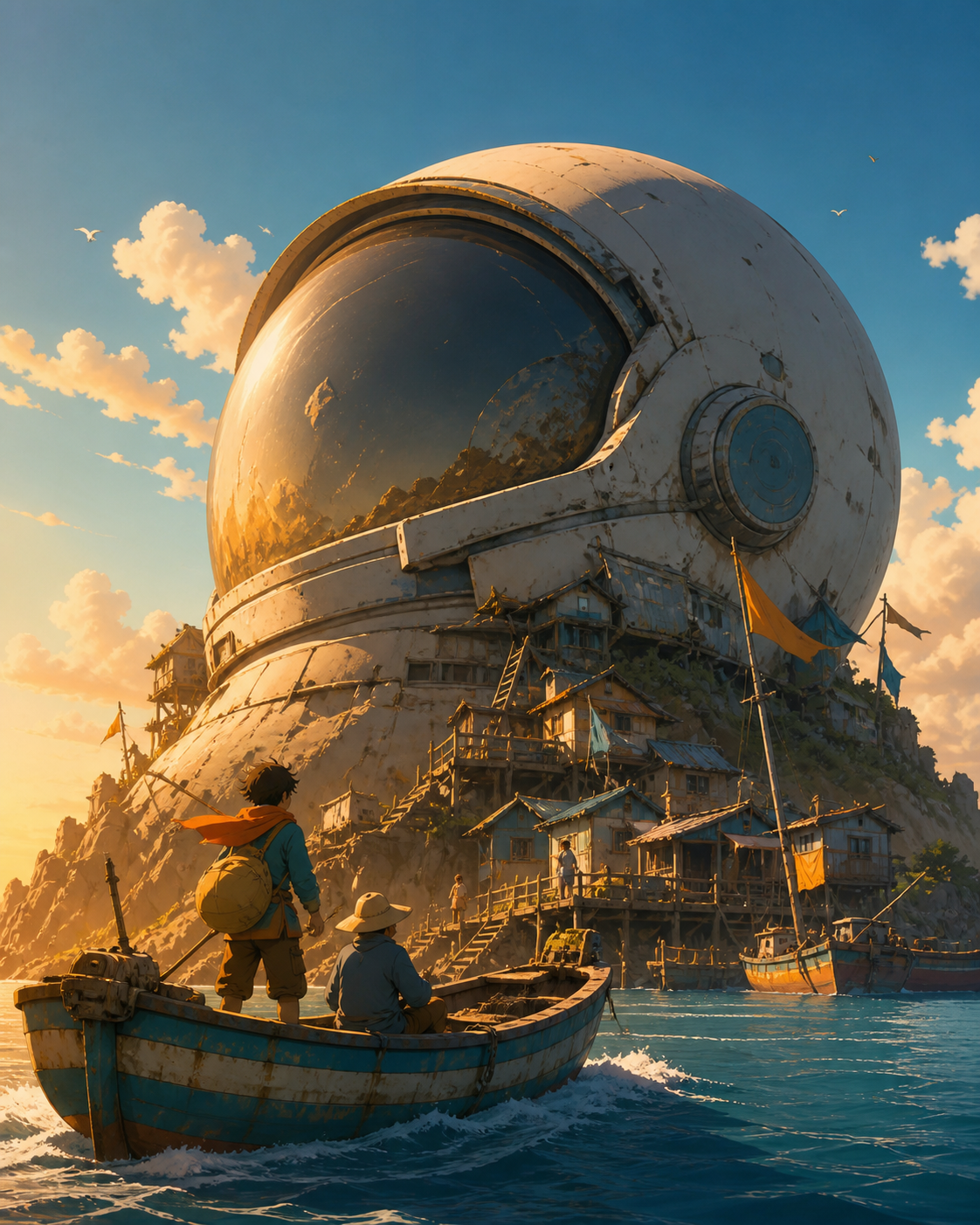 A fishing village living around a colossal abandoned astronaut helmet, during a journey that uses the giant object as landscape. Low viewpoint making the familiar object feel monumental. Saffron, peacock blue, dark umber