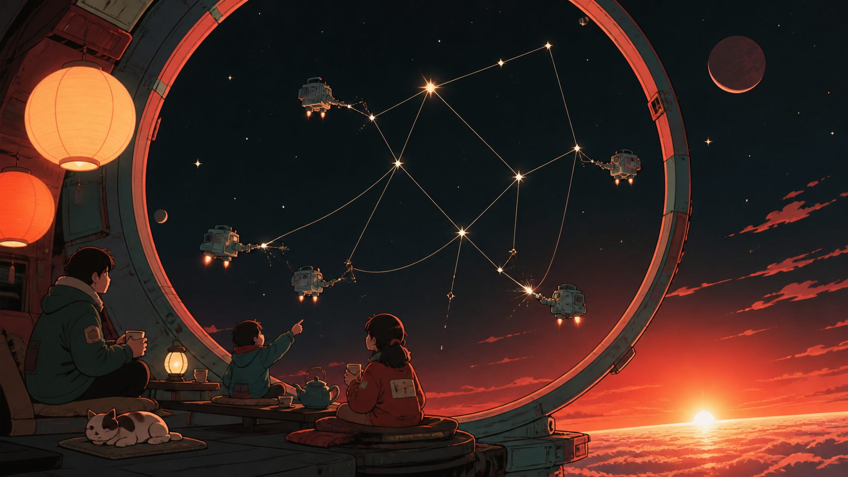 A constellation being carefully stitched back together by tiny maintenance ships, seen during an impossible sunrise with intimate signs of daily life. Graphic celestial composition organized around a bold circular form. 