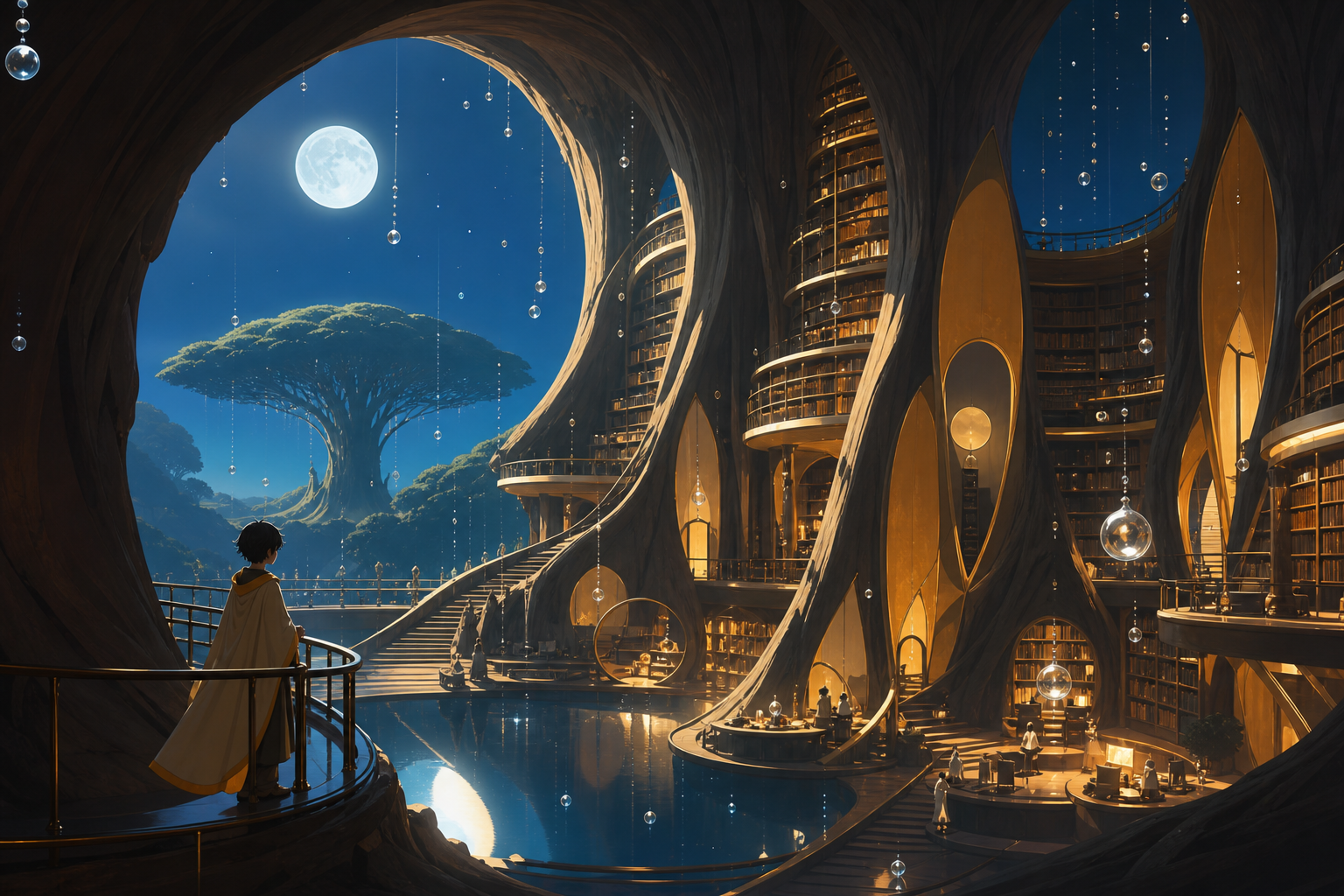 A vast library grown inside the hollow trunk of a world tree, during gentle rainfall that turns into floating glass beads. Wide landscape composition with dramatic foreground framing. Saffron, peacock blue, dark umber, a