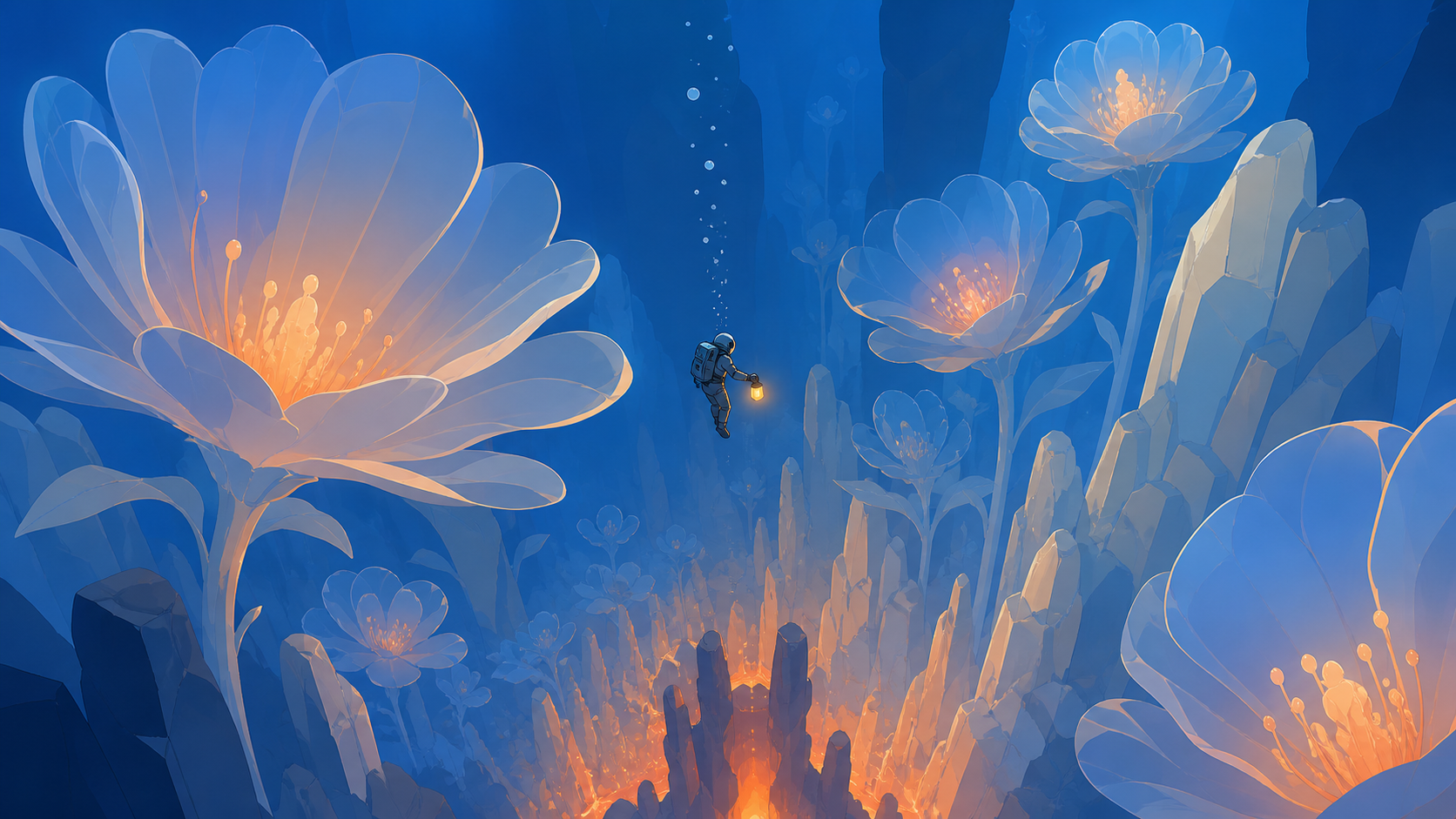 A garden of enormous translucent flowers growing around a warm volcanic vent, explored by a single tiny diver with a warm lantern. Vertical descent composition with a tiny explorer providing scale. Cobalt, persimmon oran