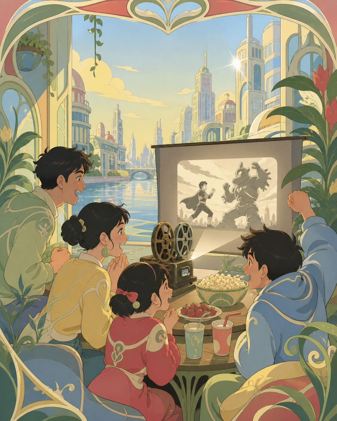 A family watching an old analog film beside a future city canal, during one competitive moment surrounded by friendly reactions. Table-height ensemble centered on expressive reactions. Soft pistachio, butter yellow, powd