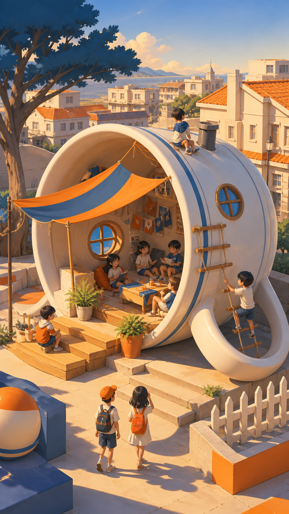 Children using a giant fallen teacup as a neighborhood clubhouse, as newcomers encounter the landmark for the first time. Elevated composition revealing how people adapted the object into landscape. Cobalt, persimmon ora