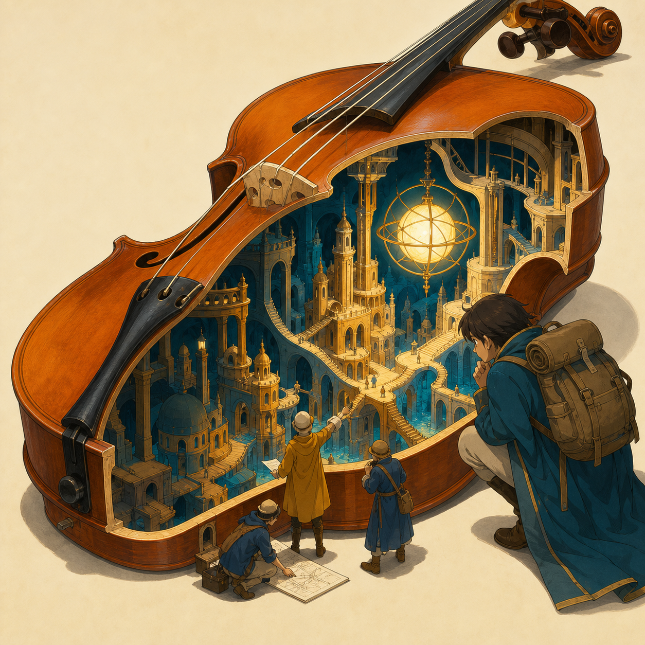 Tiny explorers mapping a city hidden inside a hollow violin, as one person discovers the object's impossible interior. Cutaway-like angle revealing the impossible volume without technical labels. Saffron, peacock blue, d