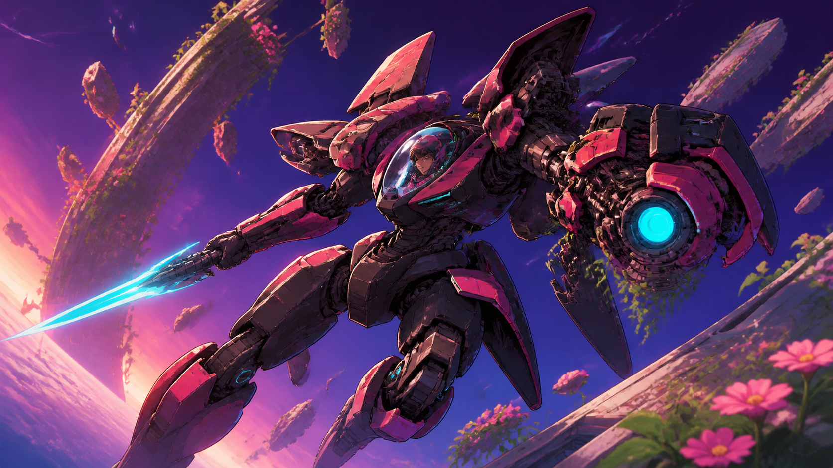 A deep-space maintenance suit unfolding into an asymmetrical combat machine, fighting in zero gravity among fragments of a ruined orbital garden. Dynamic low-angle action frame with a strong diagonal movement line. Satur