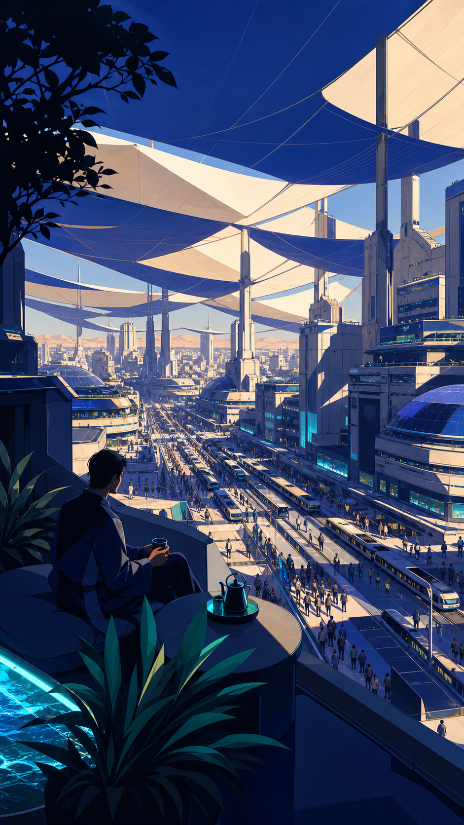 A solar-powered desert city shaded by kilometer-wide silk canopies, during a crowded morning commute seen from a quiet rooftop garden. Grand city panorama balanced by one intimate foreground detail. Ultramarine, biolumin