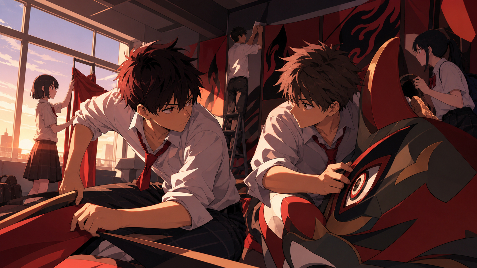 Best friends racing to finish a handmade festival display, during a quiet moment when a friendship visibly changes. Ensemble frame with each student's role readable at a glance. Crimson, black cherry, muted bronze, and m