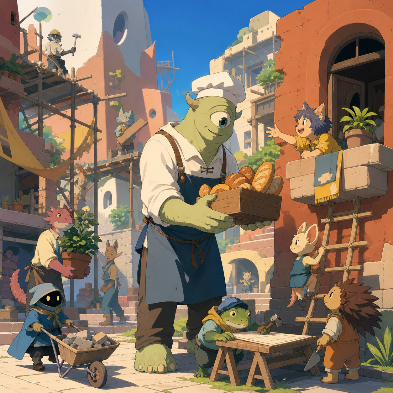 A tall one-eyed baker delivering bread to tiny apartment residents, during a neighborhood project involving every kind of resident. Wide neighborhood ensemble with multiple species sharing one activity. Clay red, sage, f