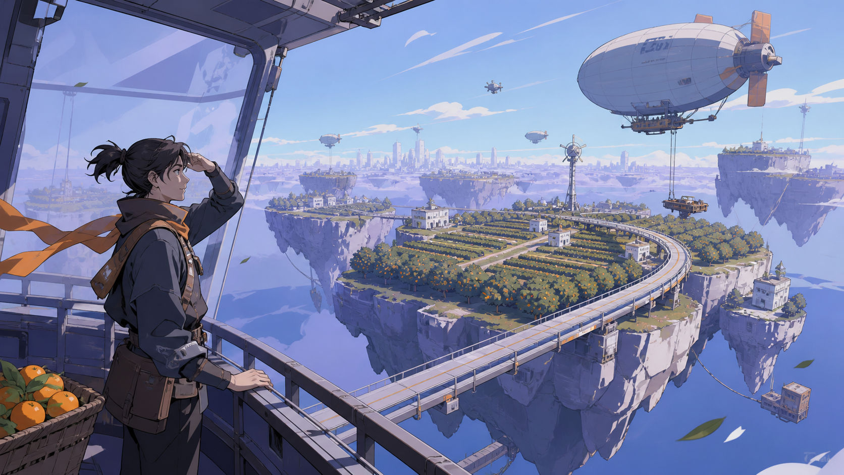 Orchards cultivated on a chain of drifting islands, during clear morning weather that reveals the depth below. Sweeping aerial panorama with a strong route across the frame. Pale lavender, icy blue, graphite, and one war