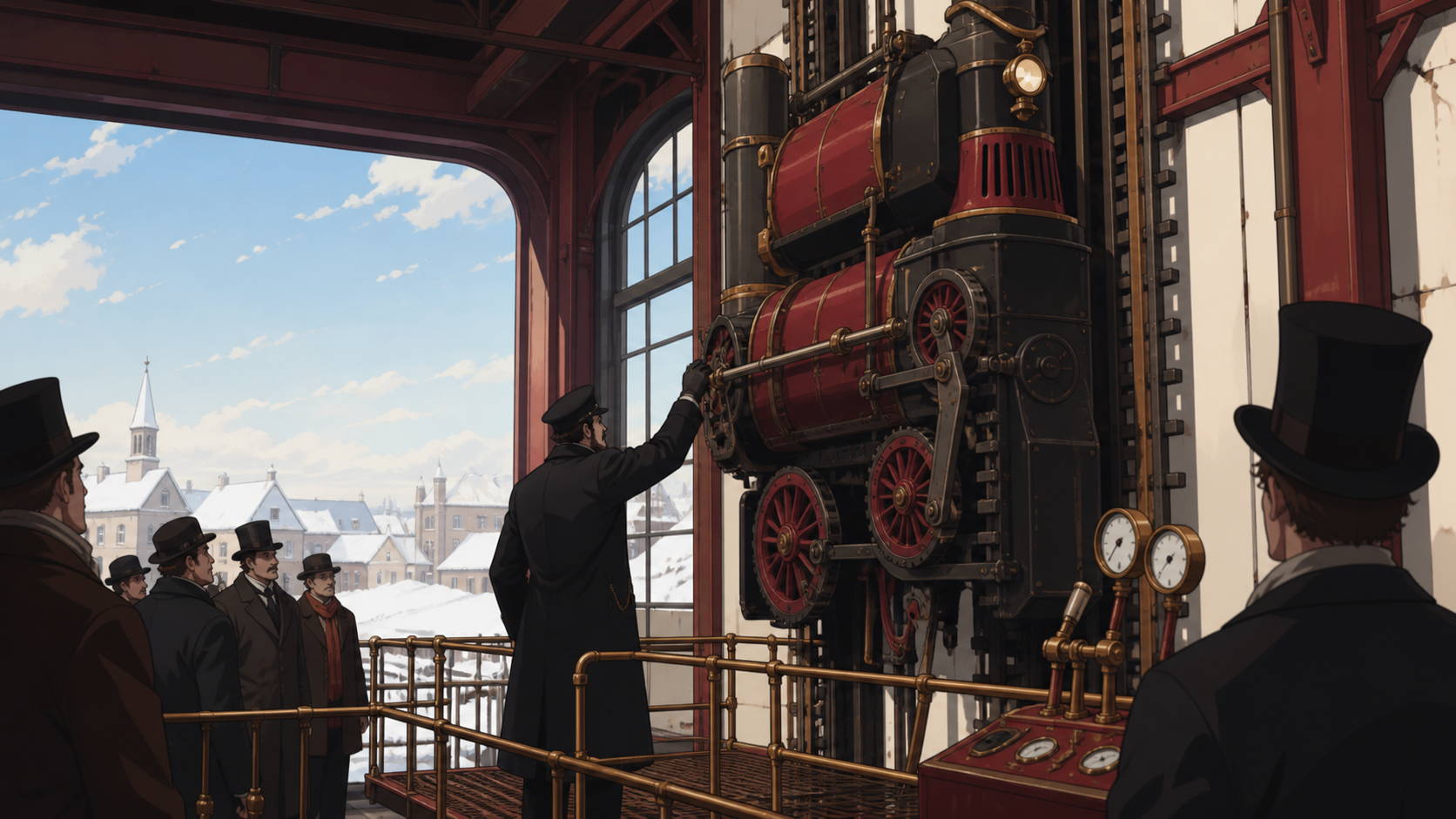 A Victorian railway engineer testing a locomotive designed for vertical tracks, grounded in everyday work and convincing period behavior. Observational workplace view where the unusual machine feels routine. Crimson, bla