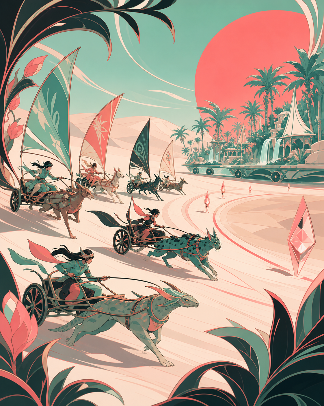 Desert couriers racing sail-powered carts toward a moving oasis, during the final turn with every competitor still in contention. Wide lateral race view showing the complete contest and destination. Celadon, coral pink, 