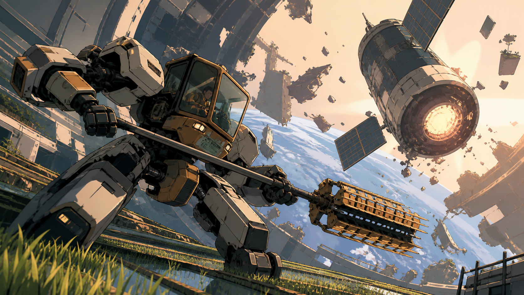 An agricultural mecha defending terraced rice fields from a falling satellite, fighting in zero gravity among fragments of a ruined orbital garden. Dynamic low-angle action frame with a strong diagonal movement line. Sun
