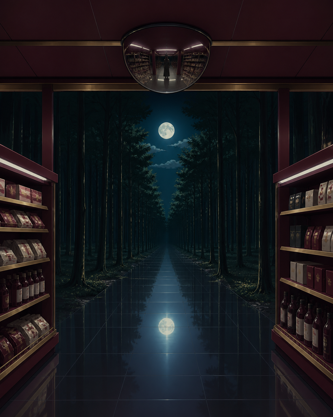 A late-night convenience store whose aisles extend into a moonlit forest, quiet and beautiful enough to invite curiosity despite the unease. Still symmetrical frame disturbed by one small impossible detail. Burgundy, mid