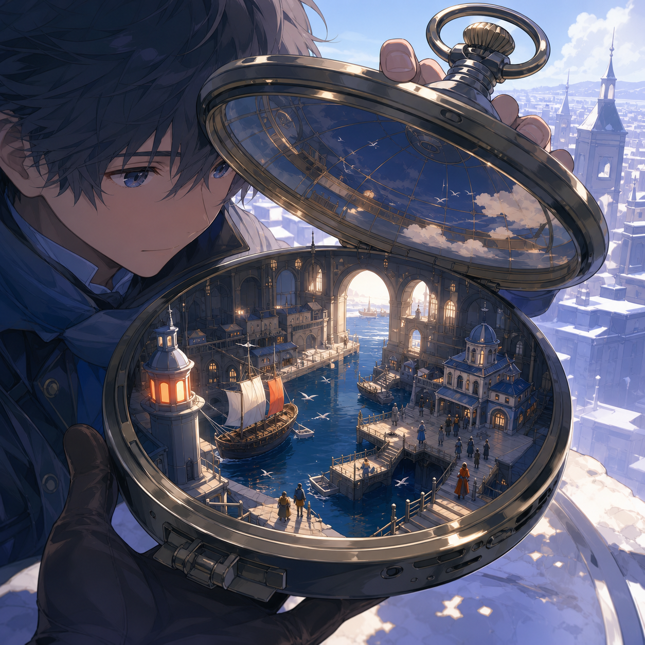 An ocean harbor contained within an open pocket watch, with the outer owner and inner inhabitants visible at once. Cutaway-like angle revealing the impossible volume without technical labels. Pale lavender, icy blue, gra