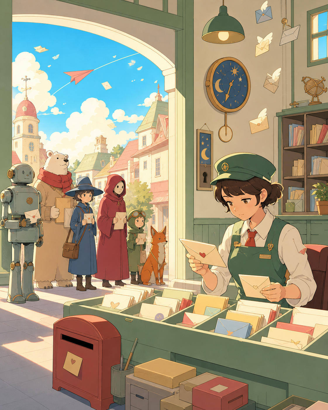 A postal clerk sorting letters addressed to their senders ten years from now, while a line of unusual customers waits with patient familiarity. Wide neighborhood view connecting the shop interior to activity outside. Sof