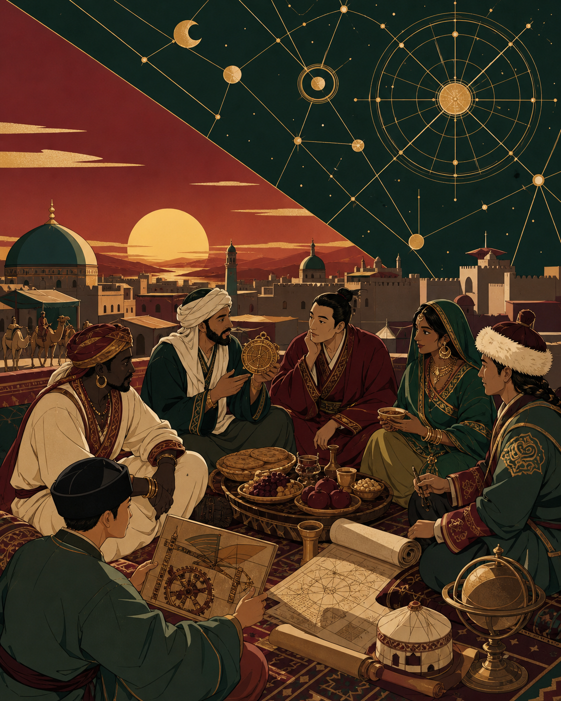 A caravanserai welcoming travelers from five distant cultures at sunset, as travelers compare stories, inventions, foods, and beliefs. Intimate rooftop gathering beneath a vast geometric night sky. Burgundy, midnight gre