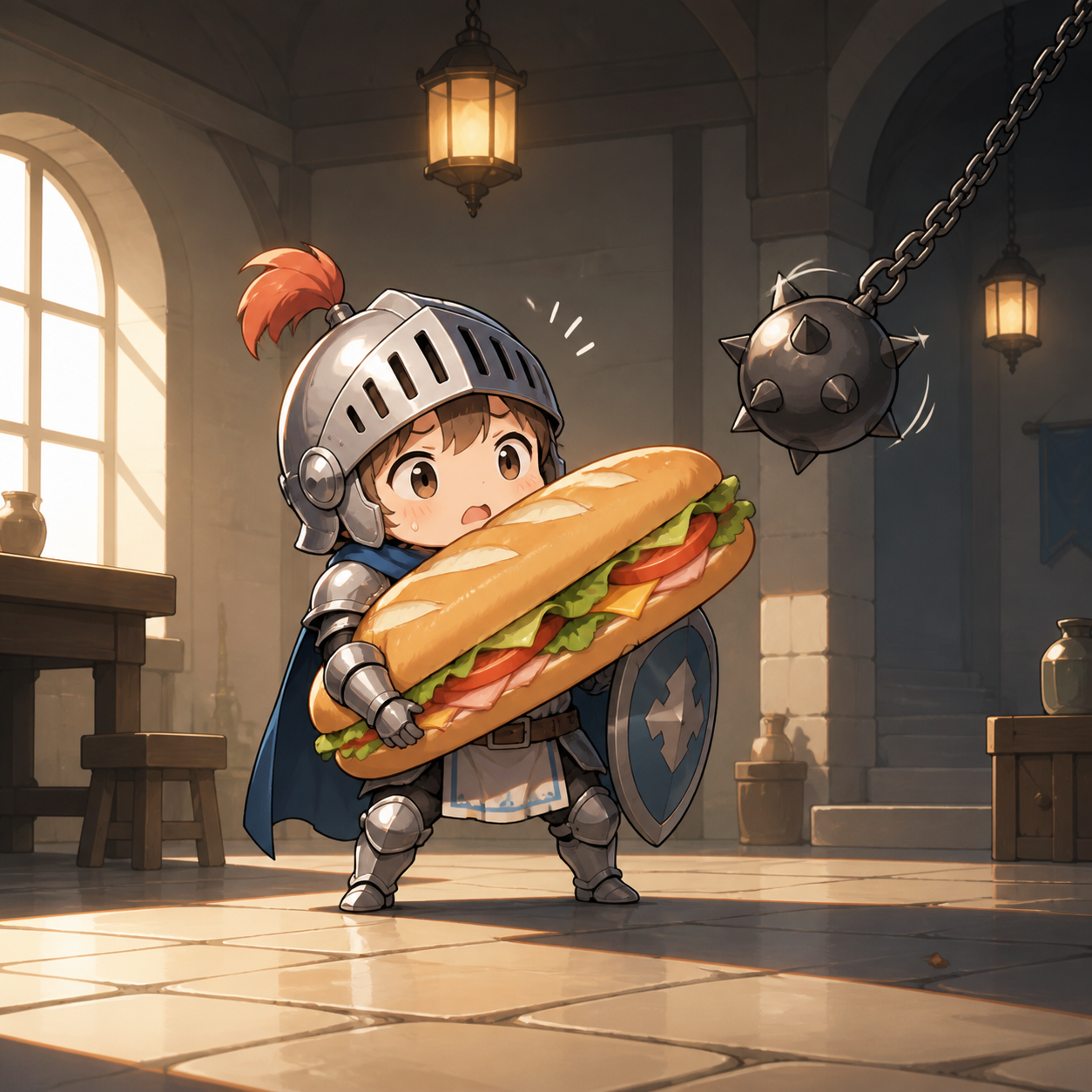 A chibi knight carrying a sandwich larger than their shield, at the exact moment a clever plan becomes delightfully impractical. Centered ensemble pose interrupted by one moving object. Sun-bleached peach, desert ochre, 