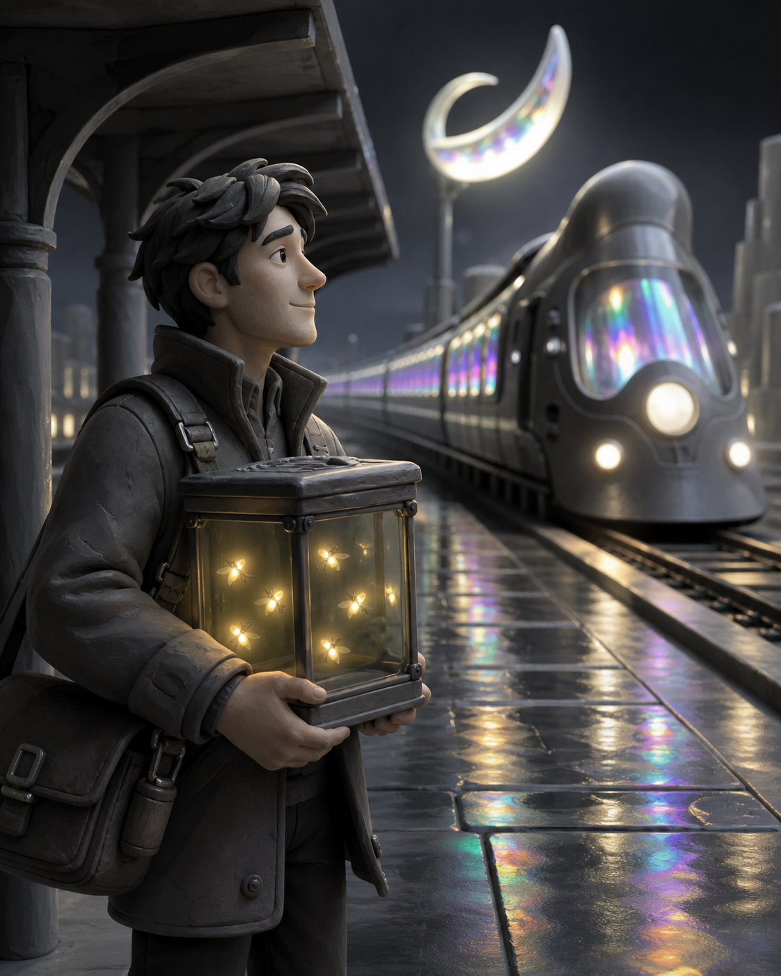 An adult male courier carrying a glass case of captive fireflies, pausing alone on a rain-swept platform while an impossible train arrives. Intimate three-quarter view with strong foreground and background layers. Monoch